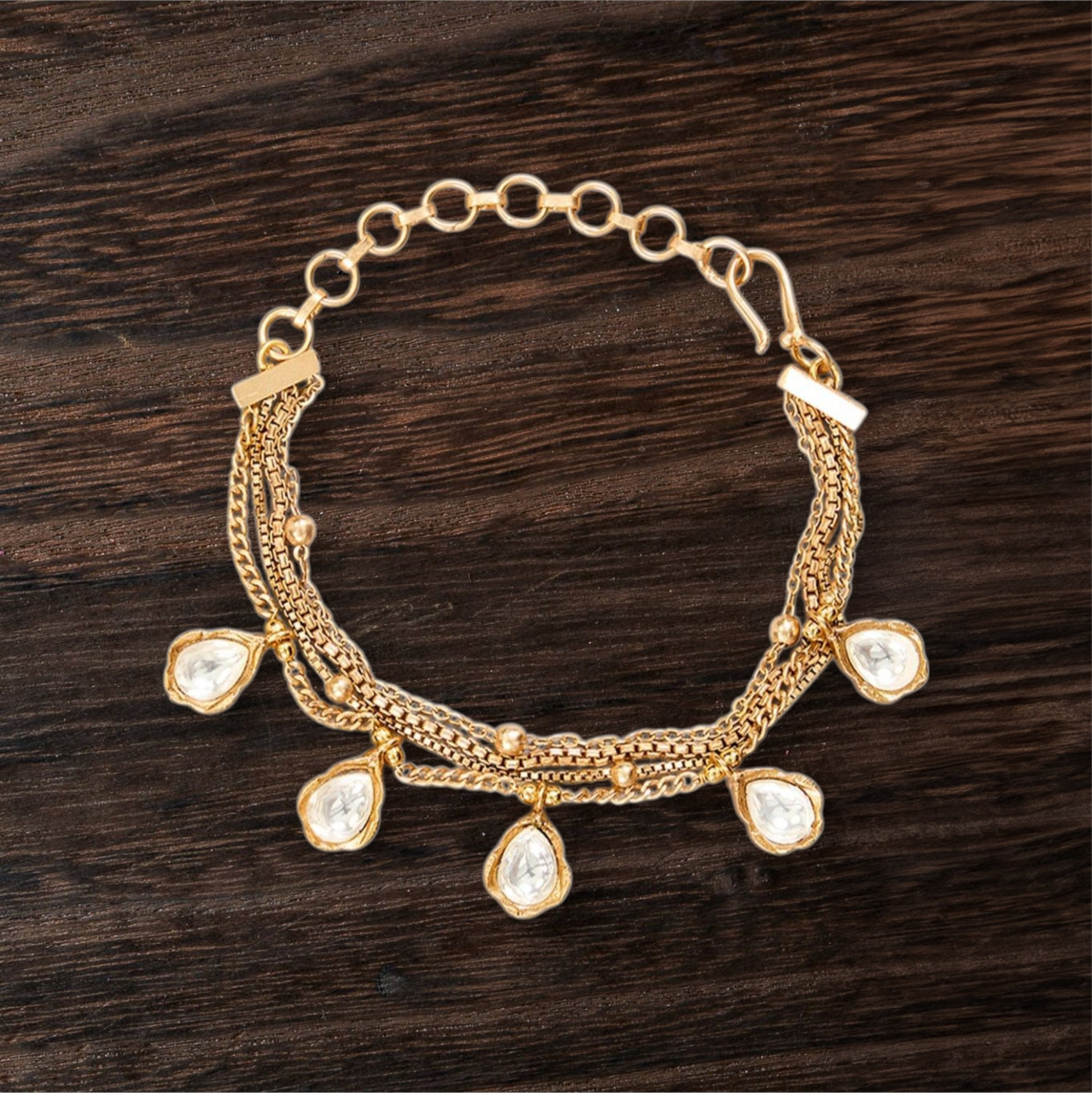 Royal Kundan Chain Bracelet – Brass & Silver Alloy with 18K Gold Polish