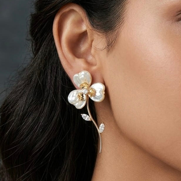 Jalparee Mother of Pearl Floral Drop Earrings with Gold Stems and Marquise Accents