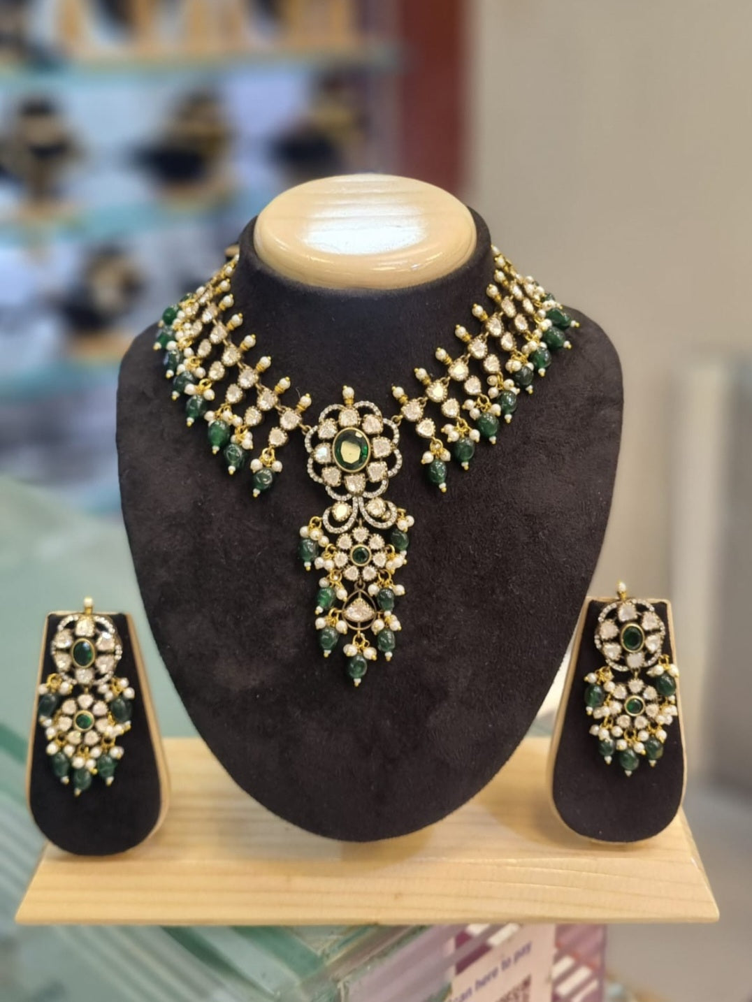 Traditional Moissanite Stone Studded Green Beaded Necklace Set