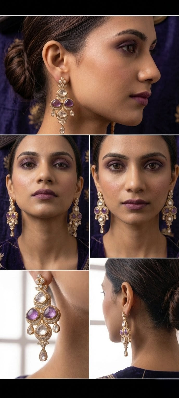 Jalparee "Royal Gem" Amethyst & Kundan Traditional Chandelier Statement Earrings