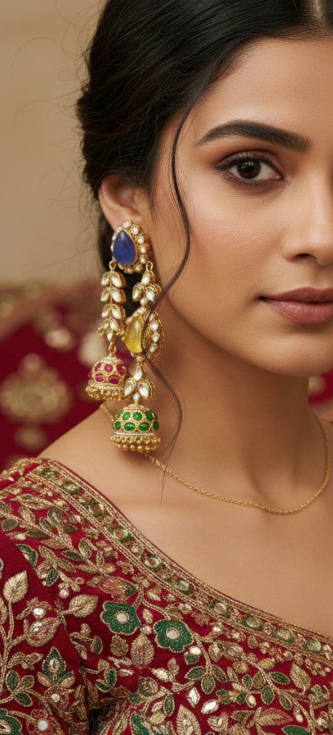 Jalparee "Navaratna Cascade" Handcrafted Multi-Gemstone Jhumka Earrings in micro Gold Plating