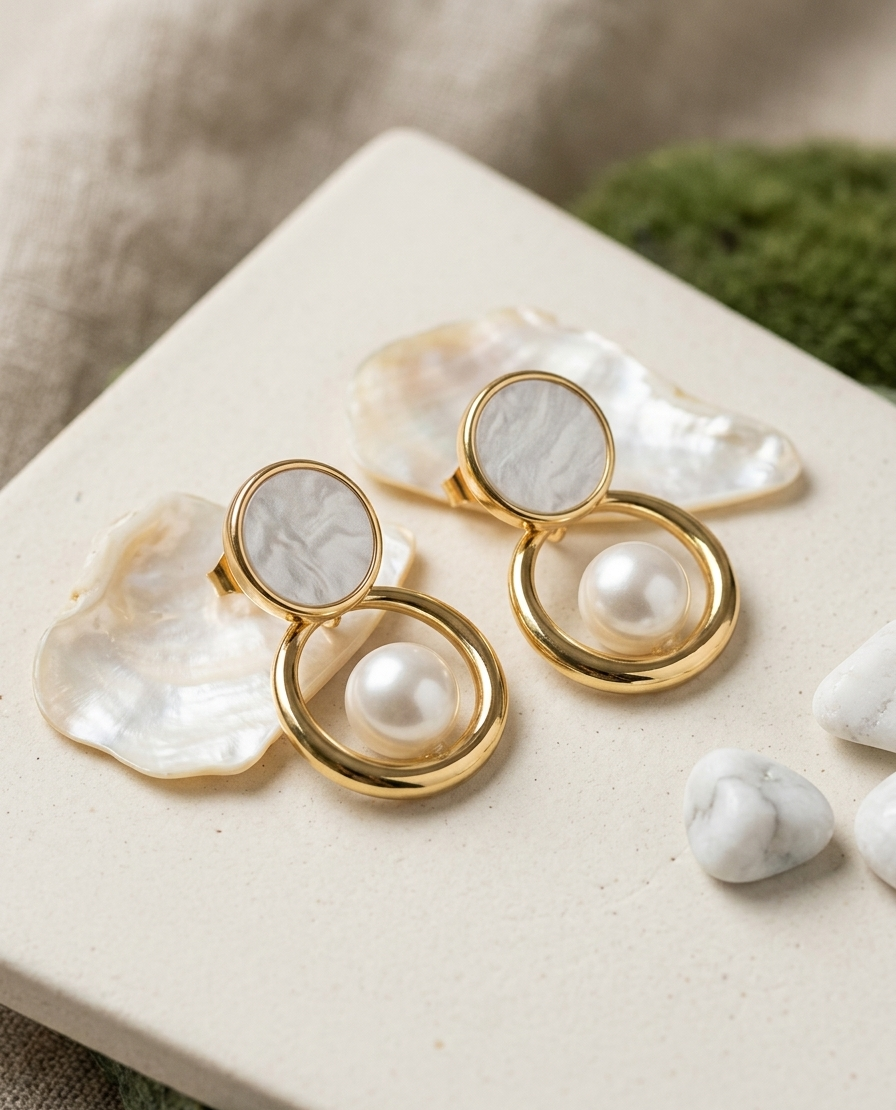 Jalparee Aura Geometric Gold-Plated Stud Earrings with Marble-Texture Accent and Floating Pearl