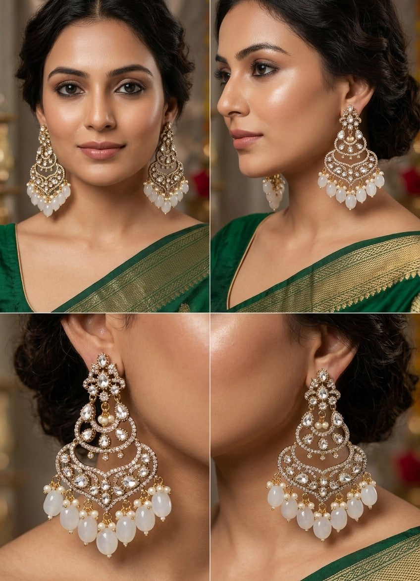 Jalparee Kundan Dangle Earrings with Opaline Beads & Gold Finish