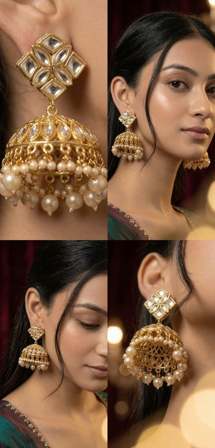 Jalparee Exquisite Kundan and Pearl Embellished Gold-Toned Traditional Jhumka Chandbali Earrings