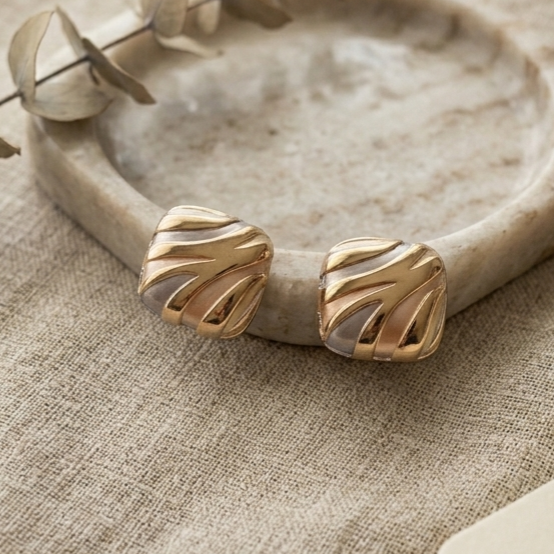 Aurora Pastel Textured Square Studs in Tri-Tone Gold & Silver by Jalparee