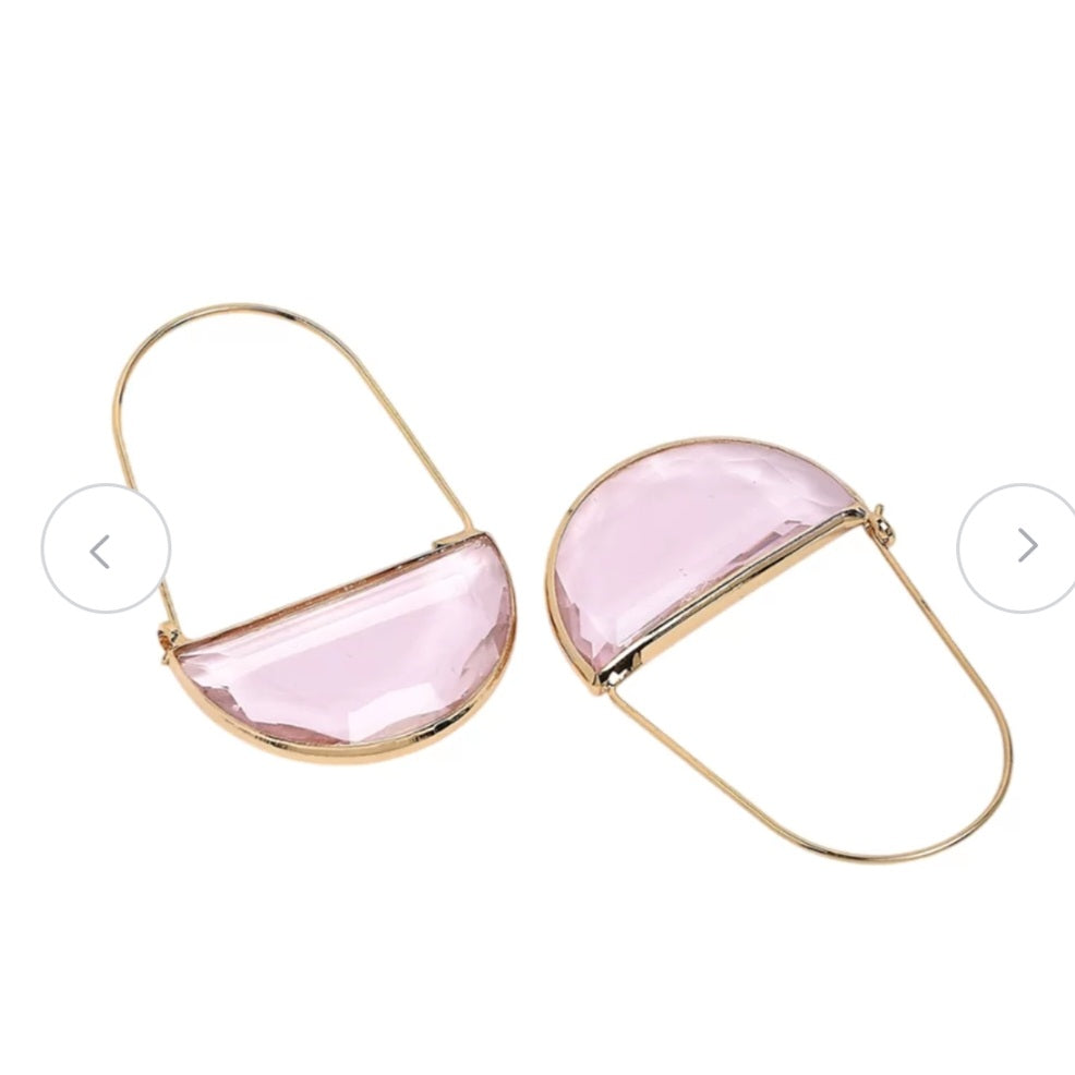 Modern Geometric Half Moon Pink Stone Hoop Earrings