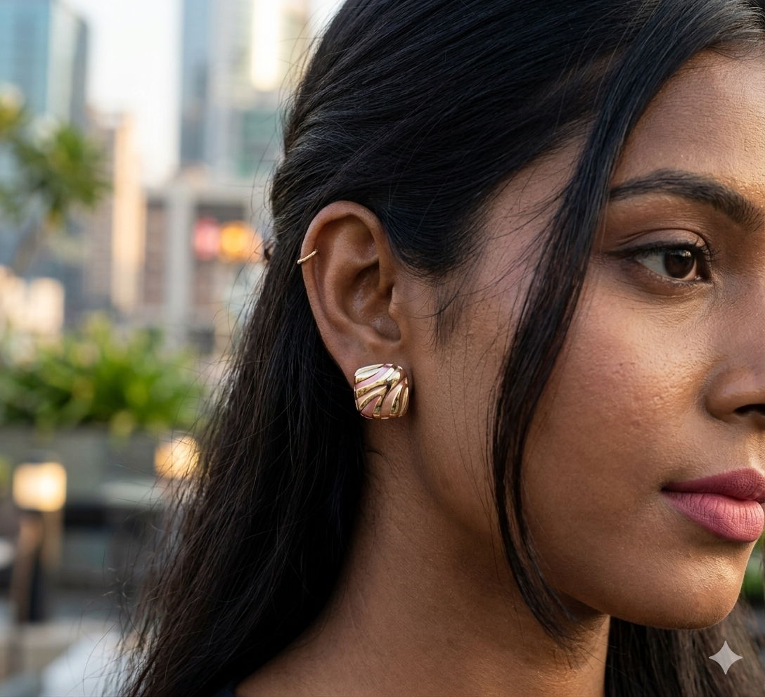 Jalparee Aura Pastel Pink & Gold Grooved Square Studs