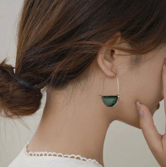 Modern Geometric Green Stone Hoop Western Earrings