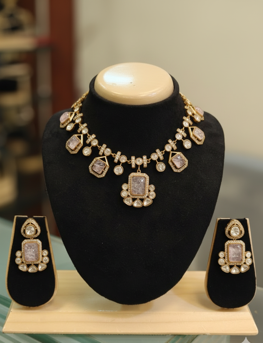 Regal Pink Stone & Gold-Toned Necklace Set