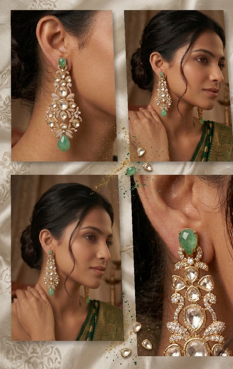 Jalparee Kundan and Emerald Chandbali Style Dangle Earrings
