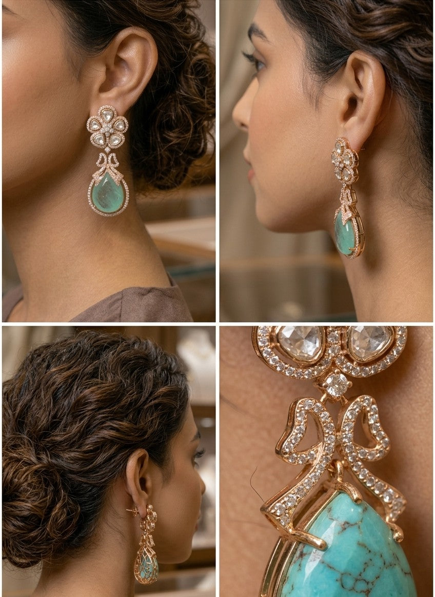 "The Jalparee Kundan-Rose Gold Earring with Faux-Aura Aura Beryl Teardrops"