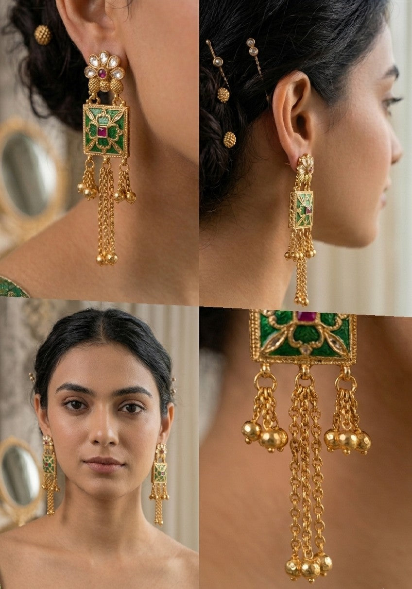 Jalparee Kundan and Green Enamel Traditional Dangle Earrings with Pearl Accents
