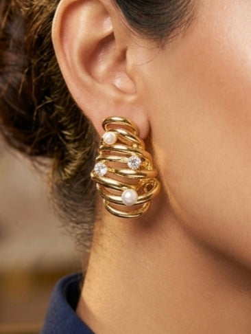 Jalparee Aura Contemporary Golden Nest Earrings with Delicate Pearls & Accents