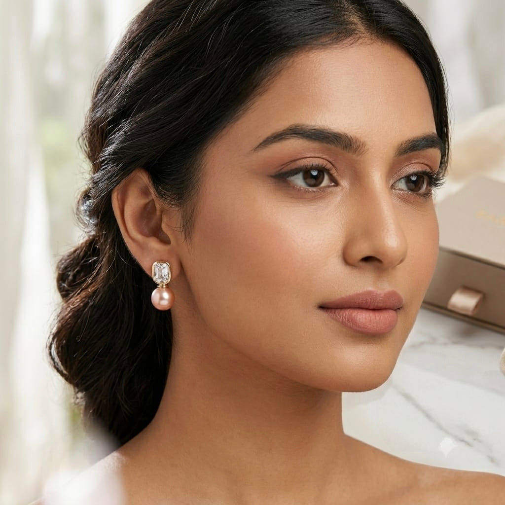 Jalparee Elegant Rose Pink Pearl & Cushion-Cut Crystal Drop Stud Earrings