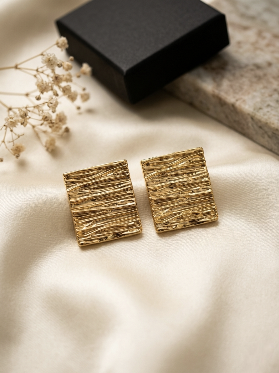 Jalparee Textured Golden Square Stud Earrings – Minimalist Western Statement Tops