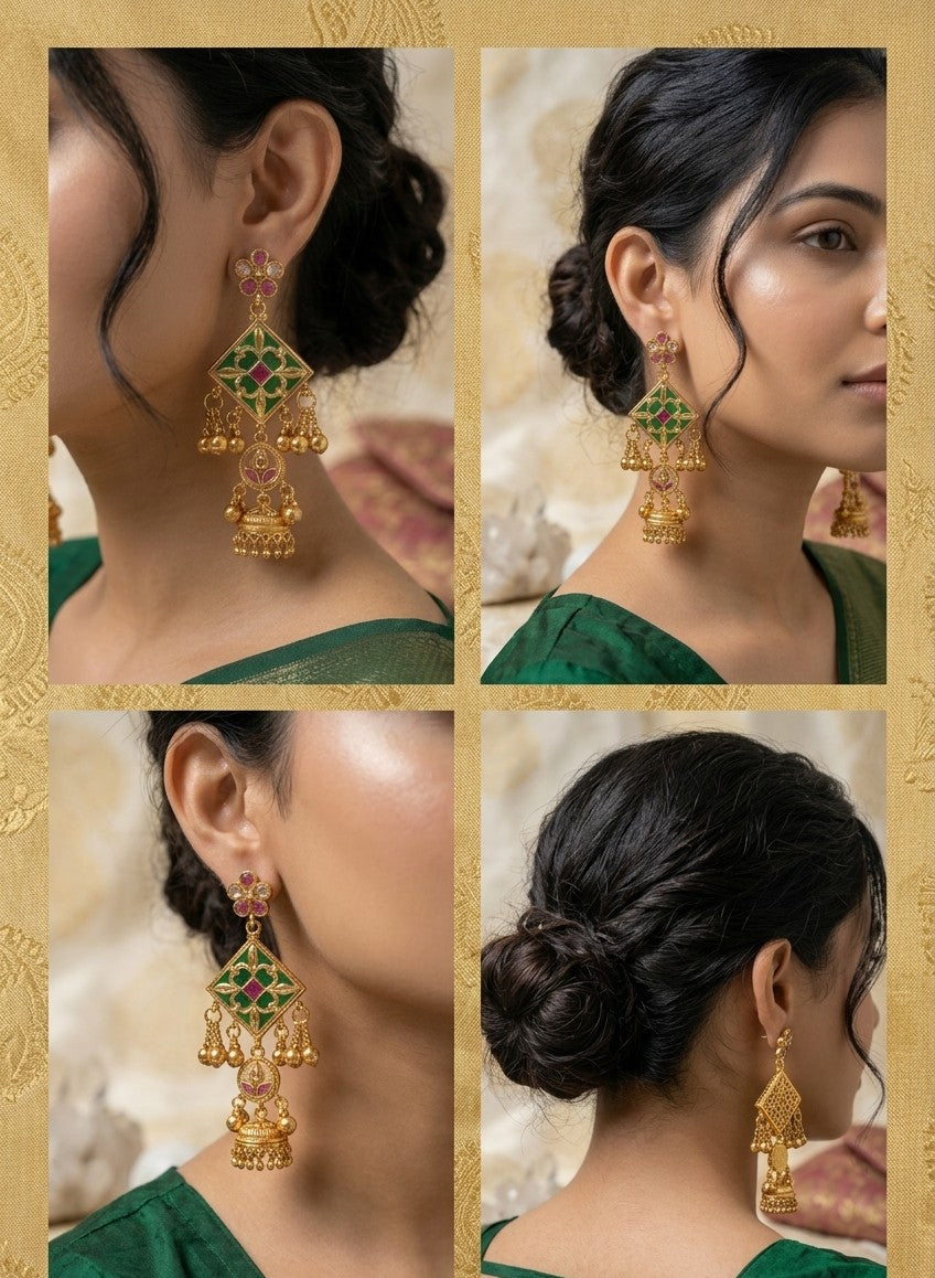 The 'Nila' Emerald-Green Meenakari & Kundan Jhumka Drop Earrings