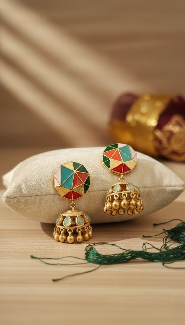 Enamel Hexagon Jhumka Earrings by Jalparee
