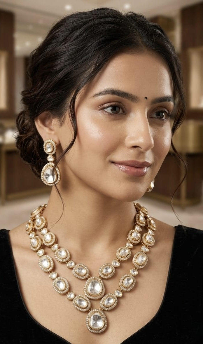 Polki-Style Double Layer Necklace Set with Matching Drop Earrings