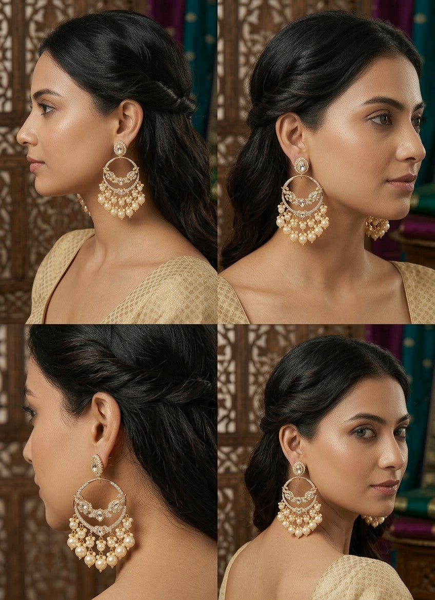 Jalparee Majestic Kundan and Pearl Chandbali Earrings - A Timeless South Asian Classic