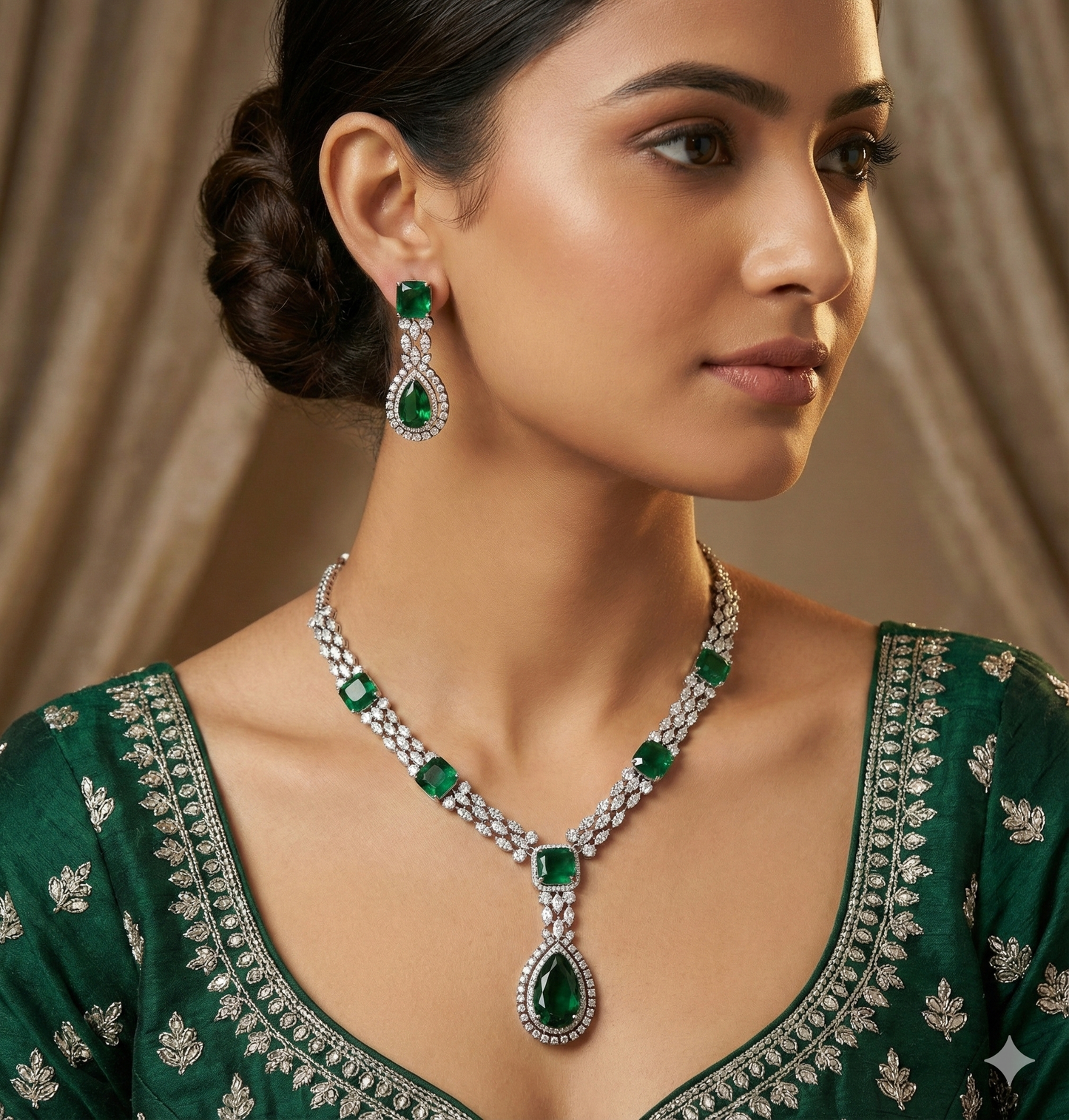 Elegant Jalparee AD ( American Diamond) and vivid emerald green stone jewelry set, consisting of a choker-style necklace with square and teardrp cut stones and complementary drop earrings.