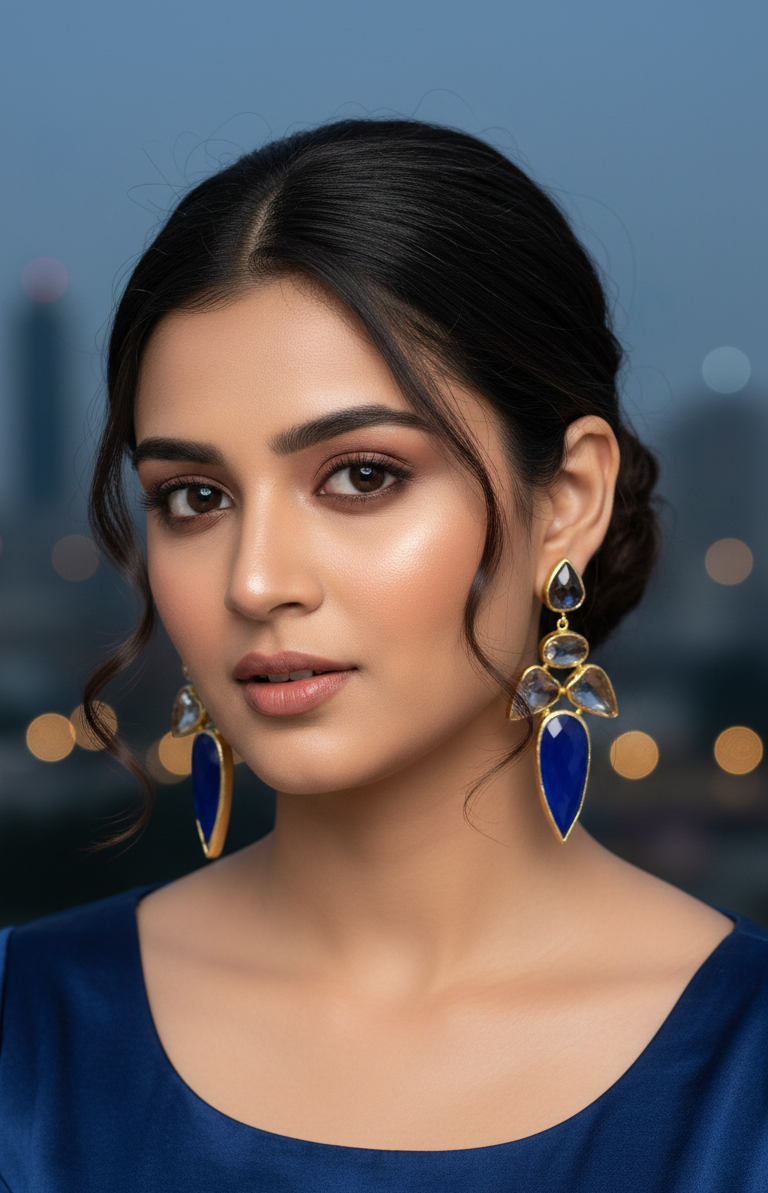 Royal blue stone dangle earrings with gold finish.