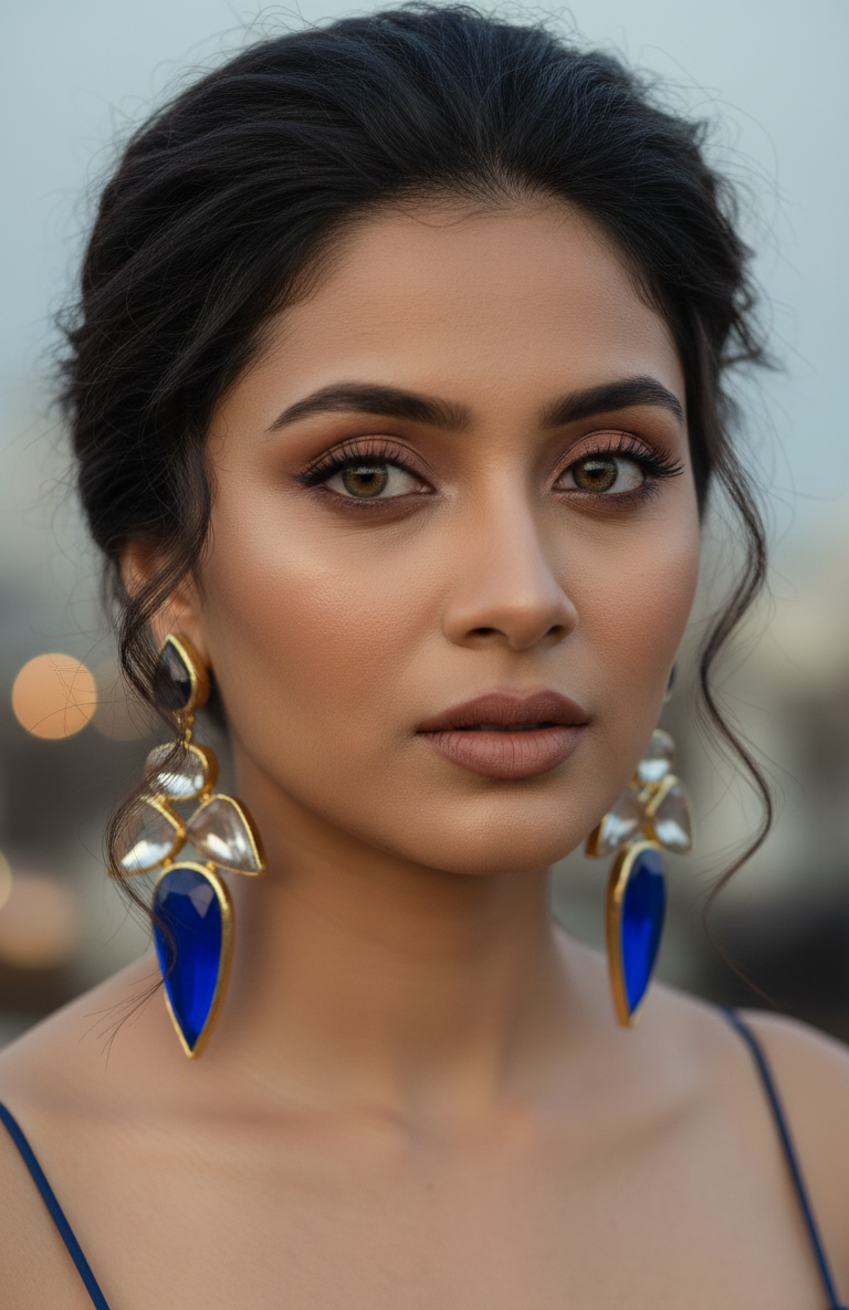 Elegant blue and gold dangle earrings for women, suitable for party wear or ethnic fashion outfits.