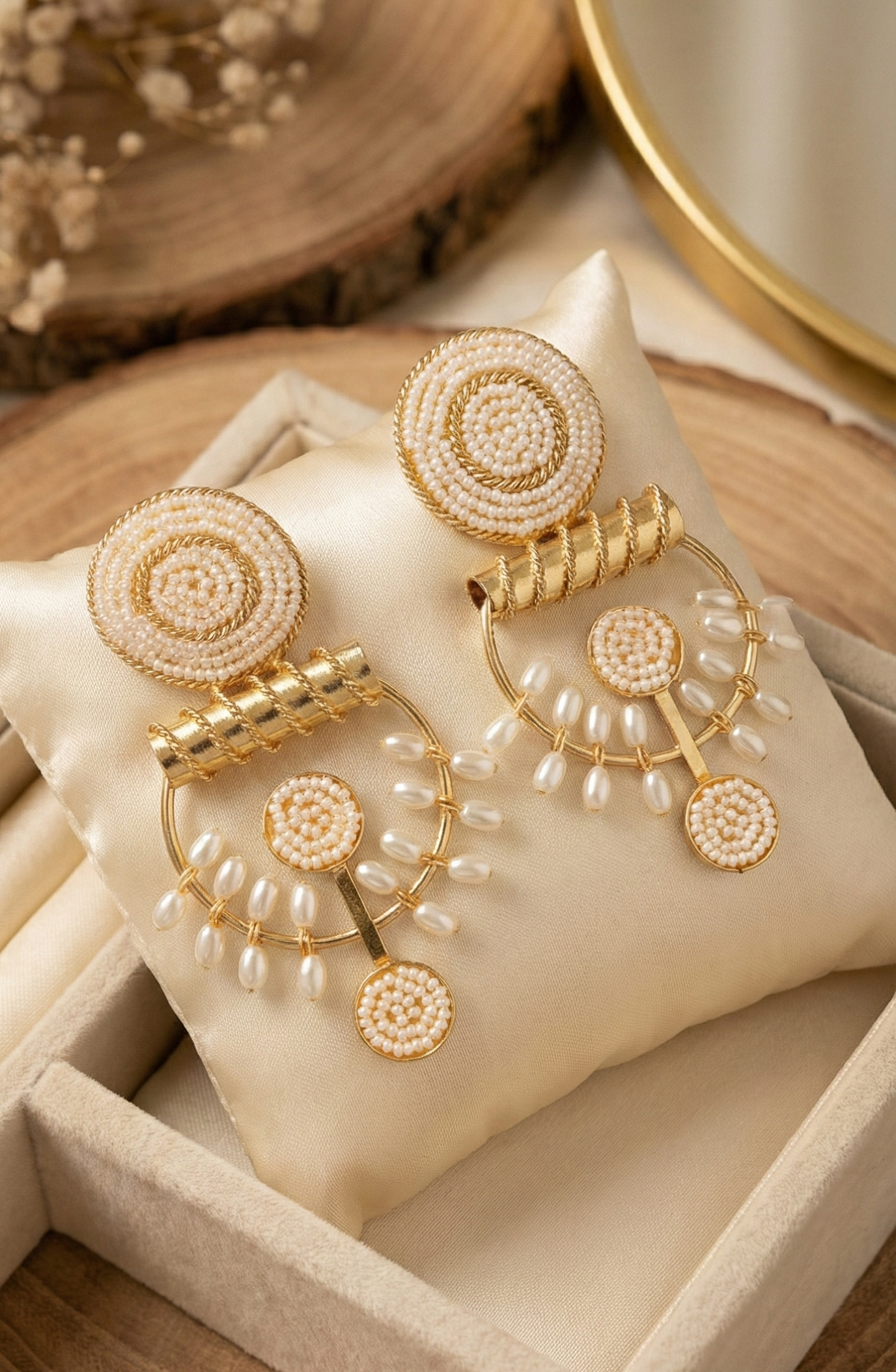 Jalparee 'Ivory luxe' Indo-Western Statement Earrings – Gold & Pearl Beaded Drop Design