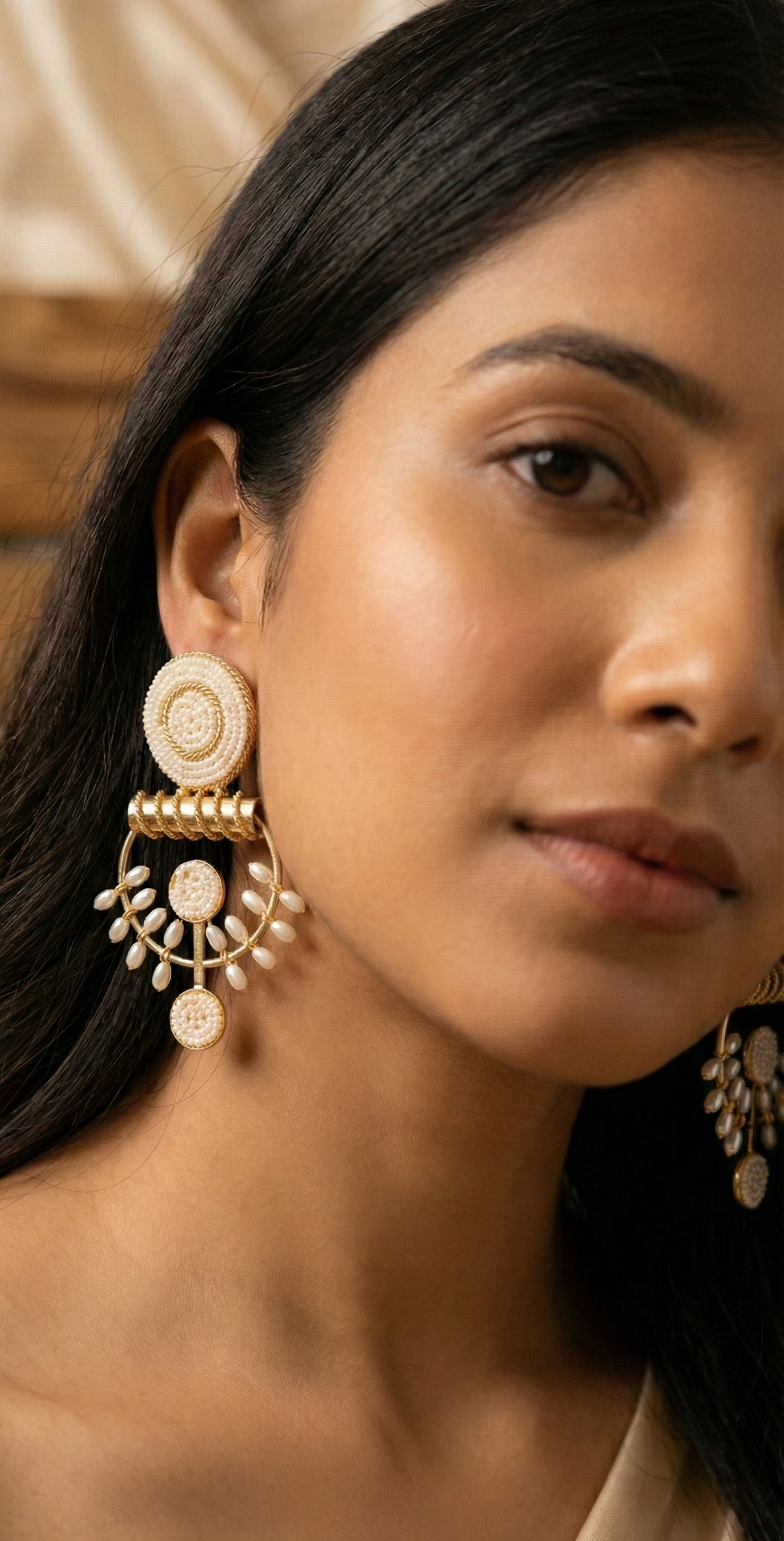 Jalparee 'Ivory luxe' Indo-Western Statement Earrings – Gold & Pearl Beaded Drop Design