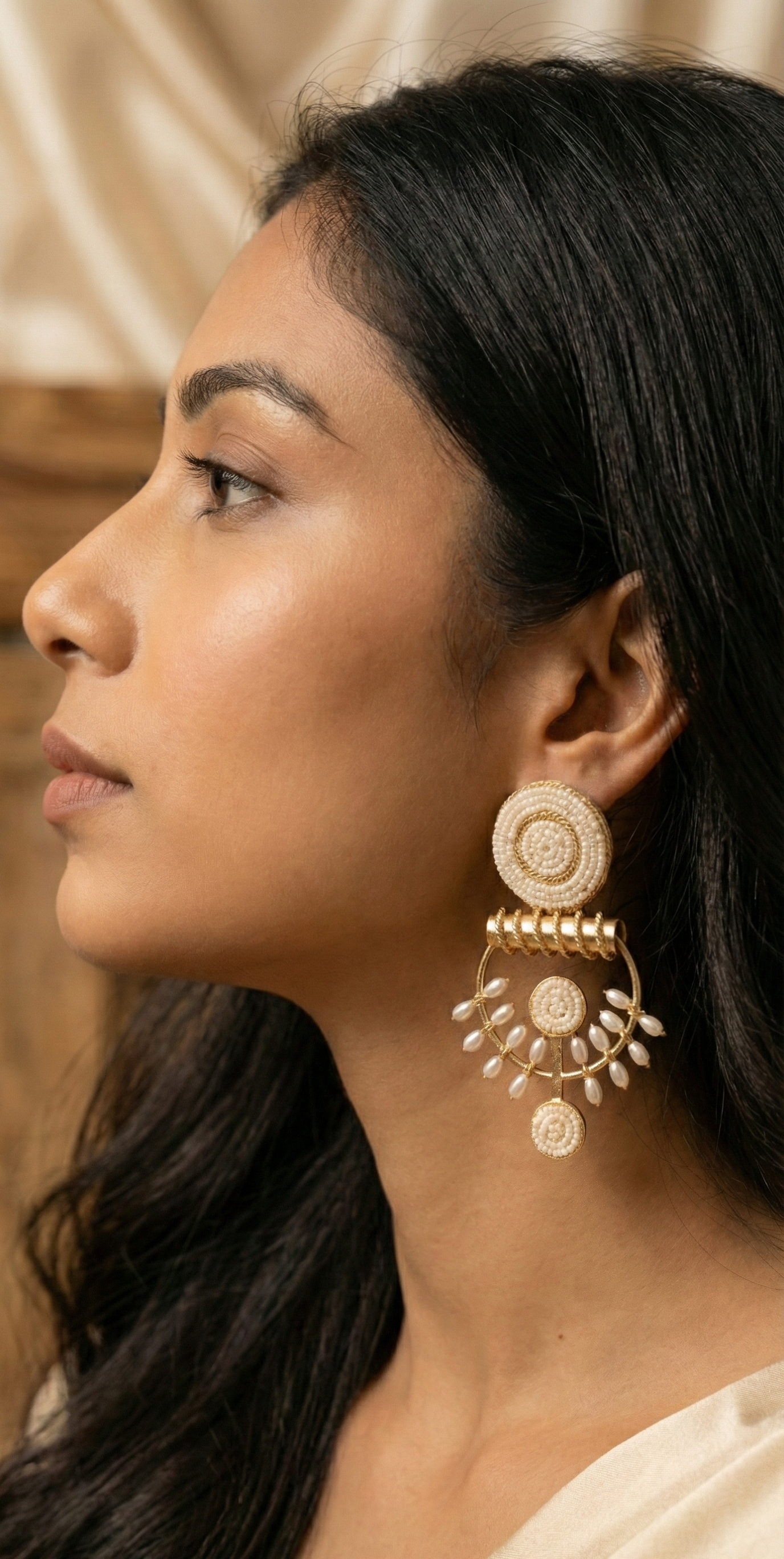 Jalparee 'Ivory luxe' Indo-Western Statement Earrings – Gold & Pearl Beaded Drop Design