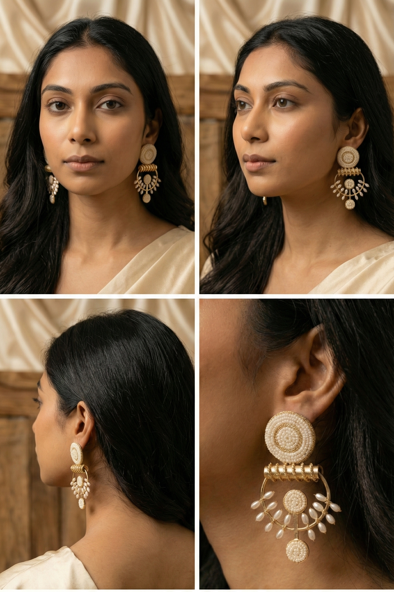 Jalparee 'Ivory luxe' Indo-Western Statement Earrings – Gold & Pearl Beaded Drop Design
