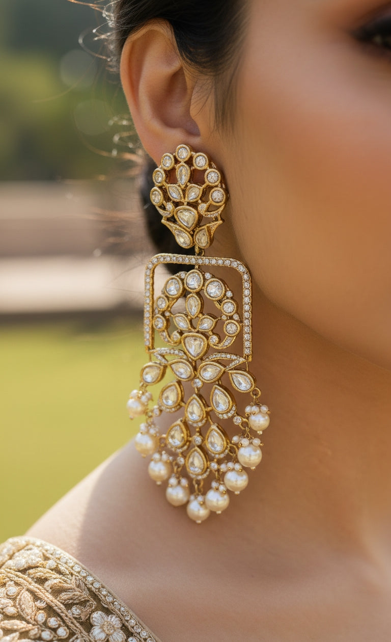 Close-up of traditional gold drop earrings featuring Kundan-style stone setting and dangling pearl clusters.
