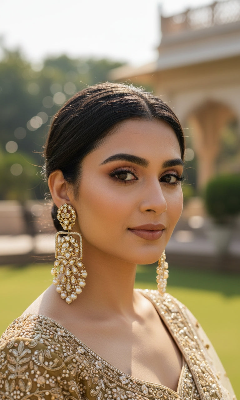 Stunning gold and pearl Chandbali Jhumka earrings for a traditional Indian wedding or festive occasion.