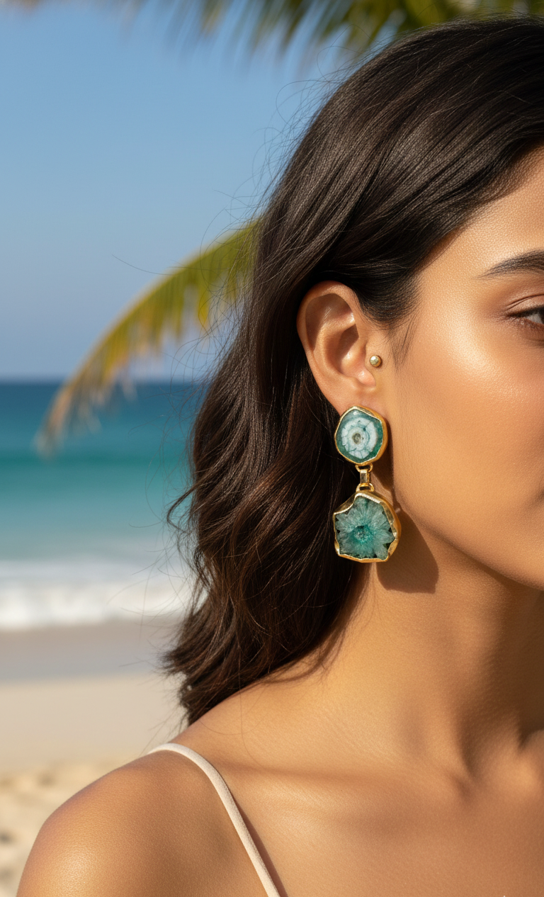 Close-up shot of natural raw druzy stone earrings with gold trim, set against a sandy white beach with seashells and driftwood, suggesting tropical fashion accessories.