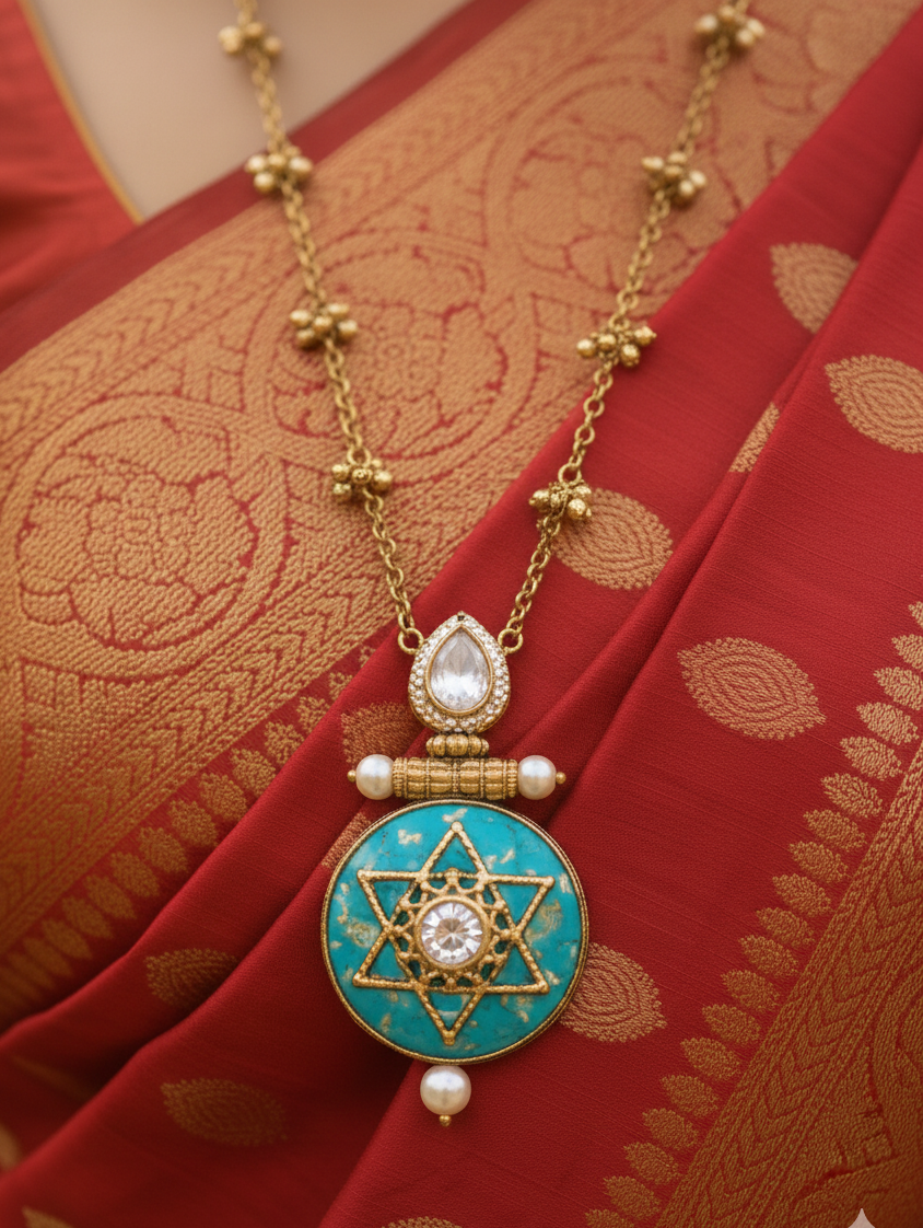 Long gold chain necklace featuring a large round turquoise pendant with a gold star motif and pearl accents.