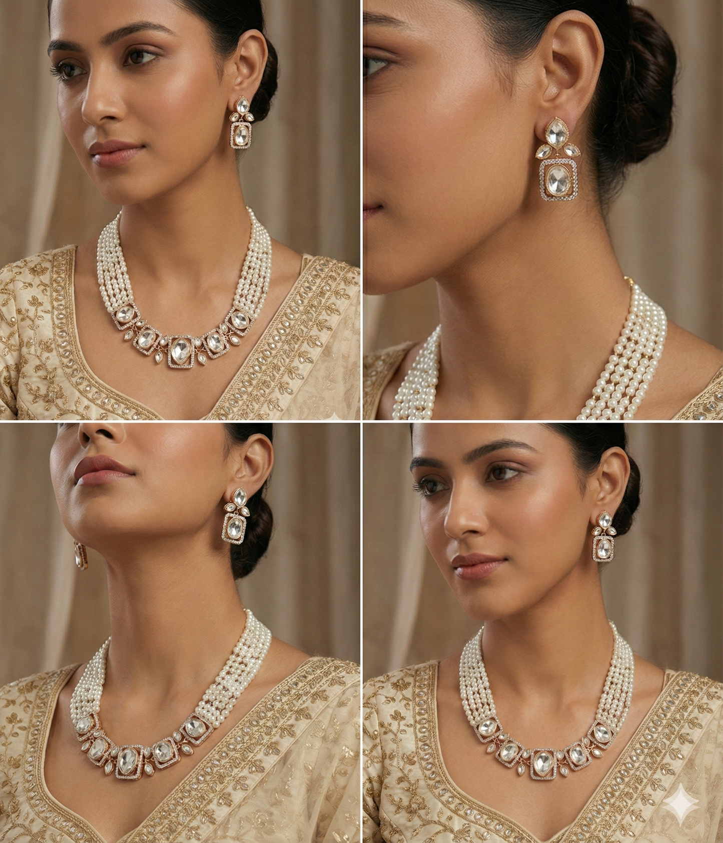 Elegant Indian bridal pearl jewellery set featuring a crystal-studded statement necklace and earrings worn with traditional attire.