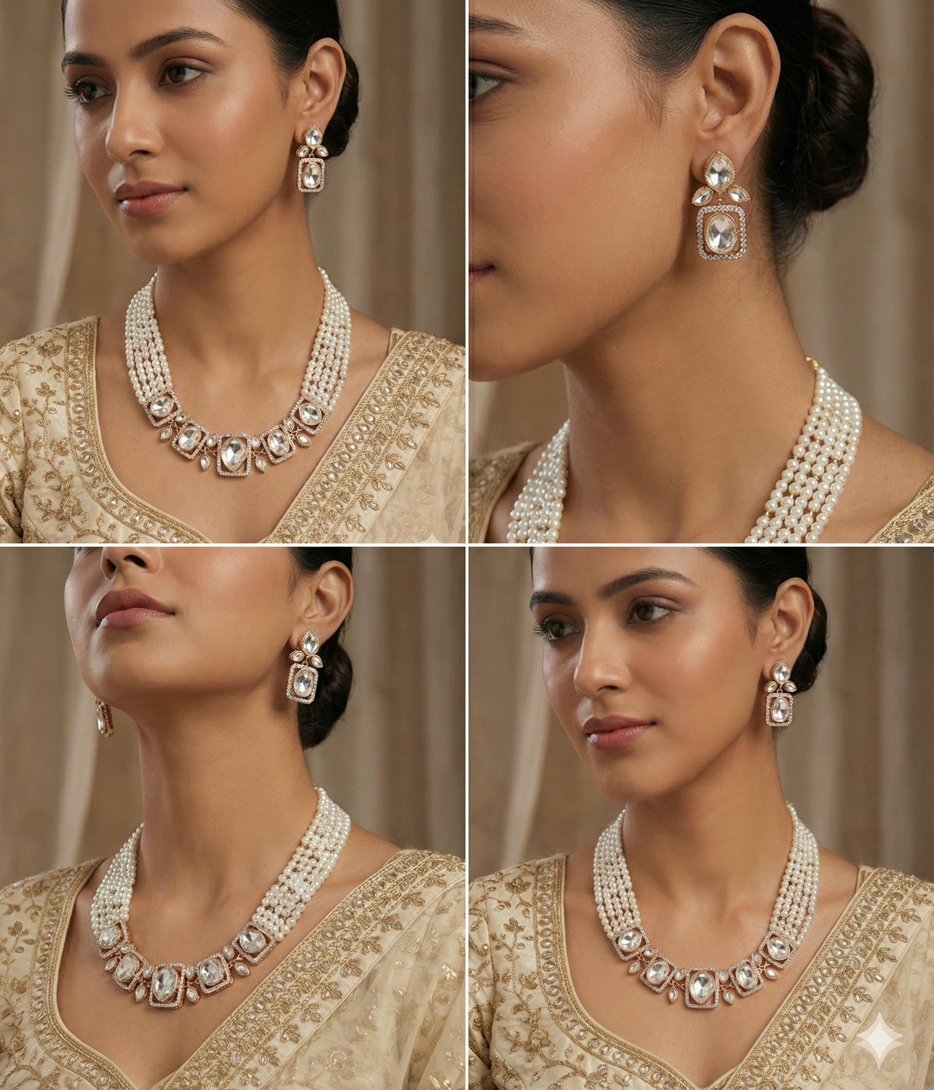 Elegant Indian bridal pearl jewellery set featuring a crystal-studded statement necklace and earrings worn with traditional attire.
