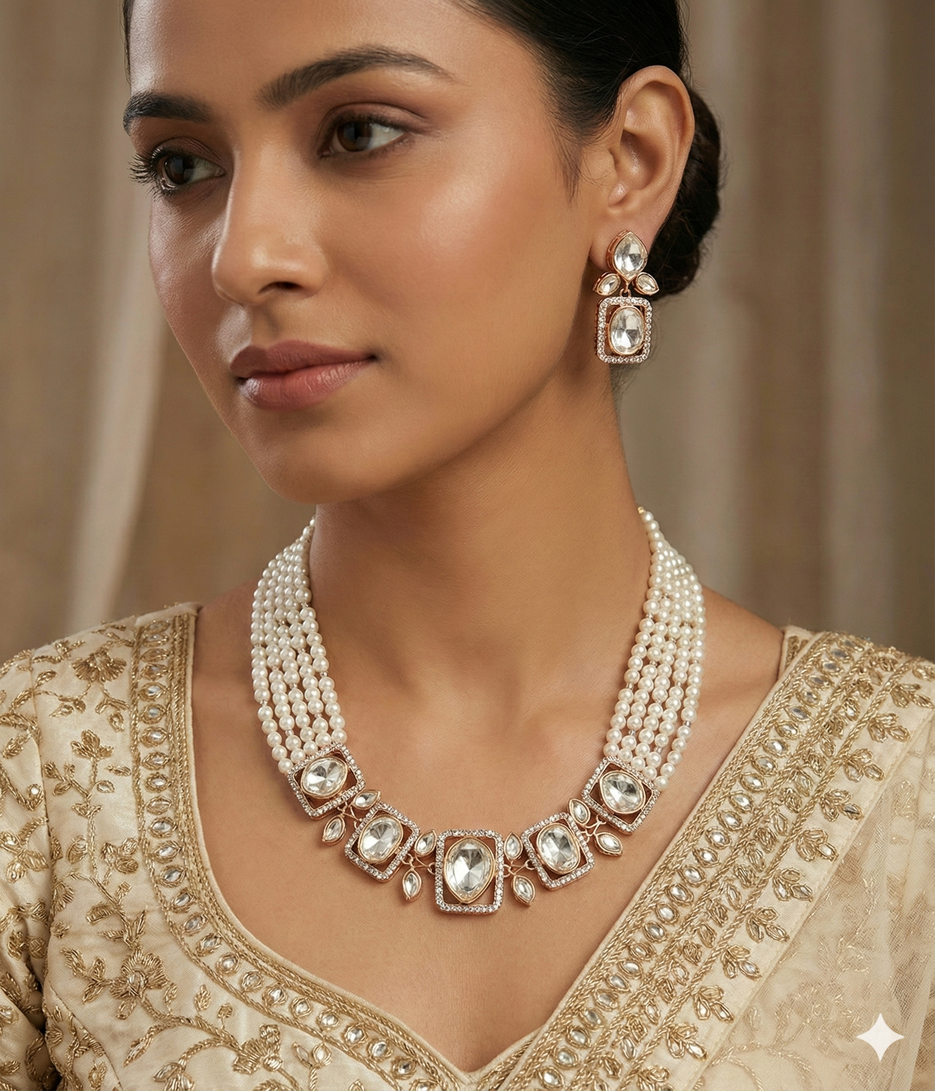 Elegant multi-strand pearl necklace featuring geometric Polki-style stones in a gold setting with matching drop earrings on a model