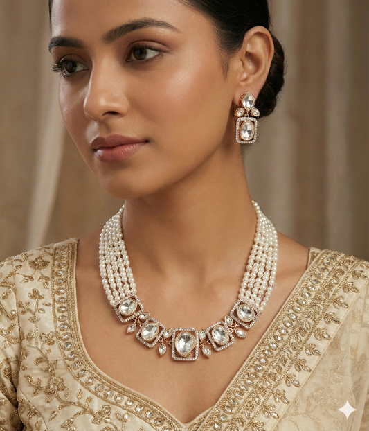 Elegant multi-strand pearl necklace featuring geometric Polki-style stones in a gold setting with matching drop earrings on a model