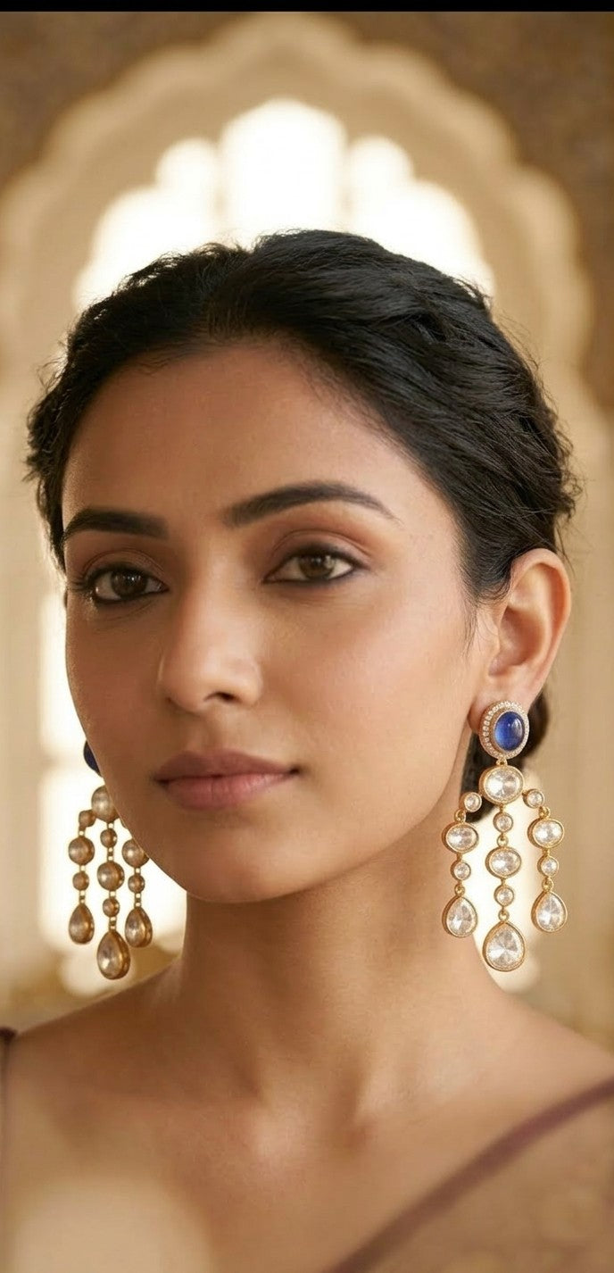Jalparee: Regal Blue Cabochon & Multi-Tiered Kundan Statement Chandelier Earrings