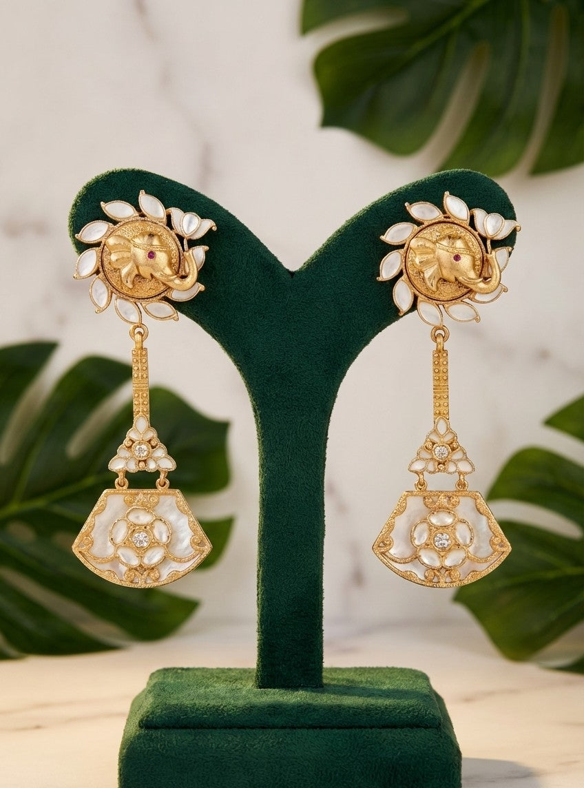 Ganesha Gold-Plated Kunda & Pearl Traditional Chandelier Earrings by Jalparee