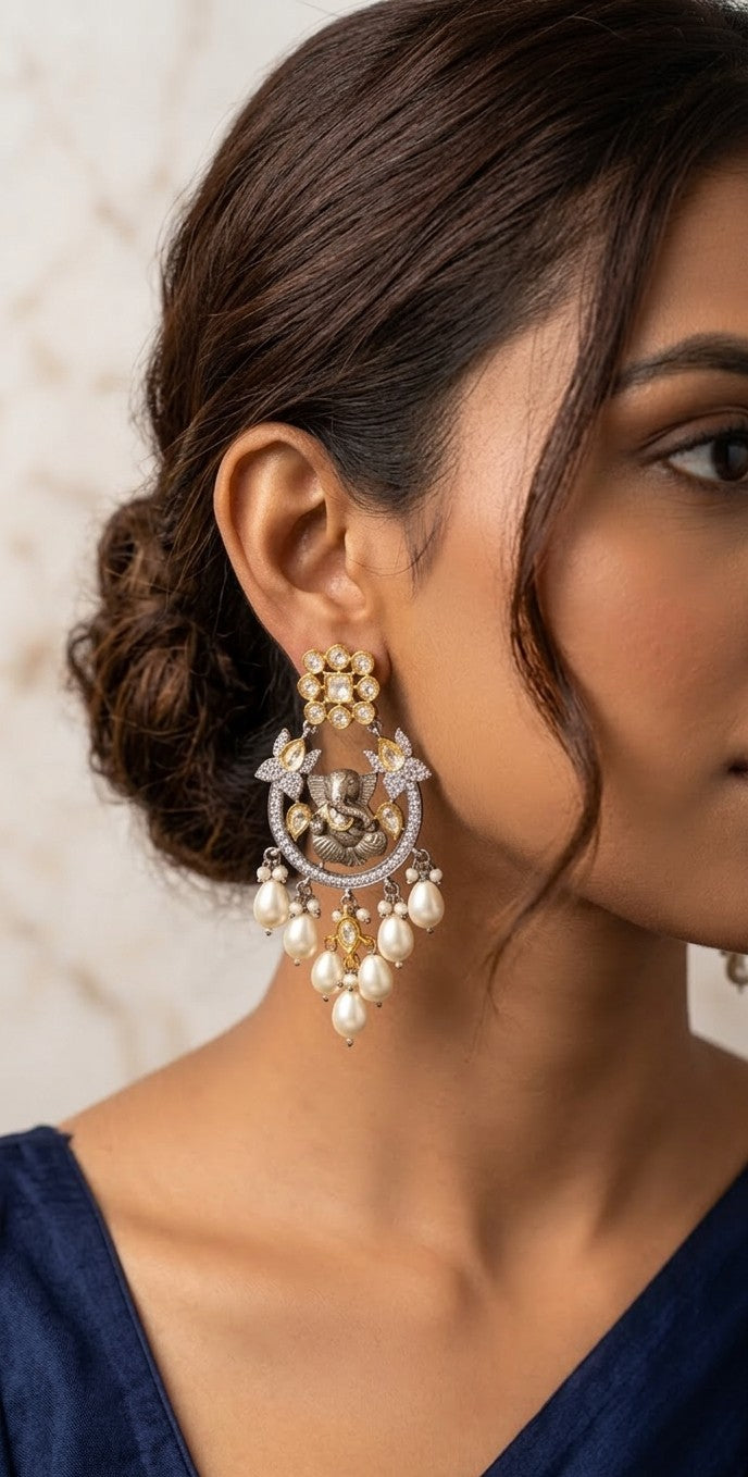 Jalparee Divine Ganesha Kundan & Pearl Traditional Chandelier Earrings