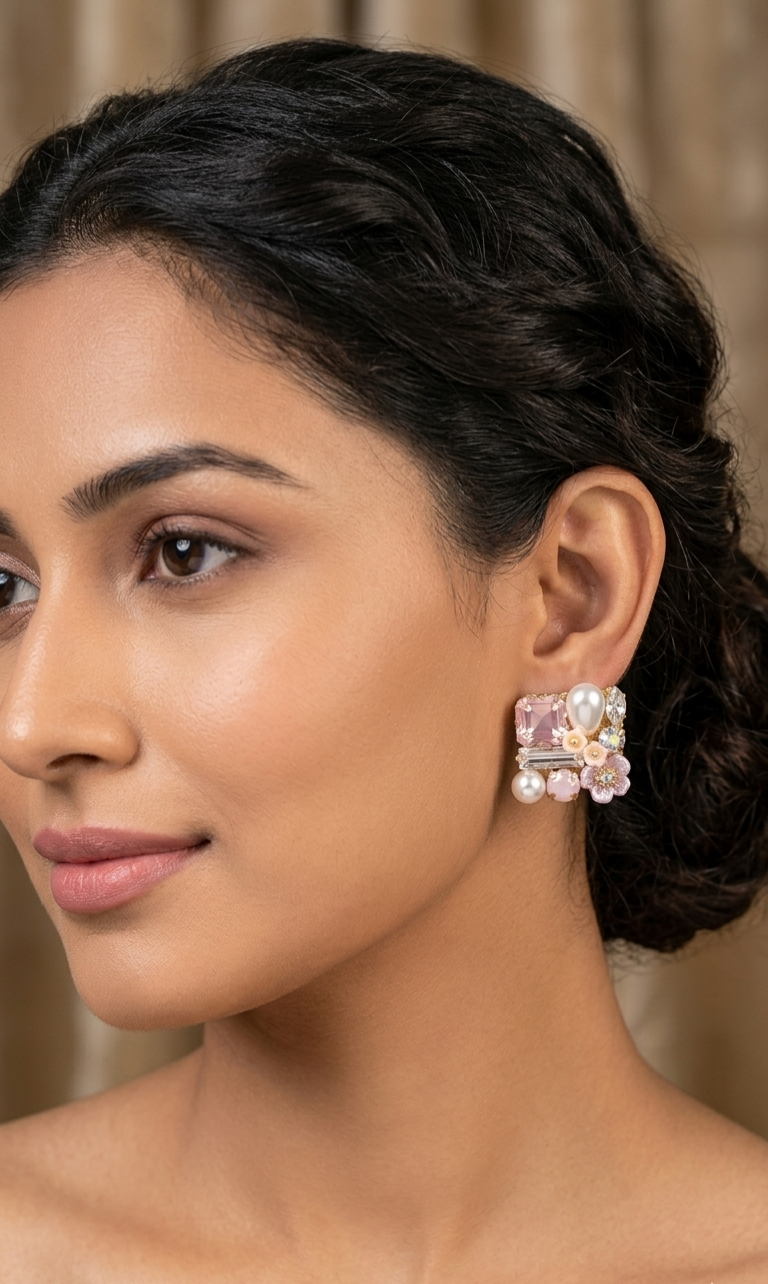 Blossom & Crystal Square Stud Earrings – Pastel Elegance