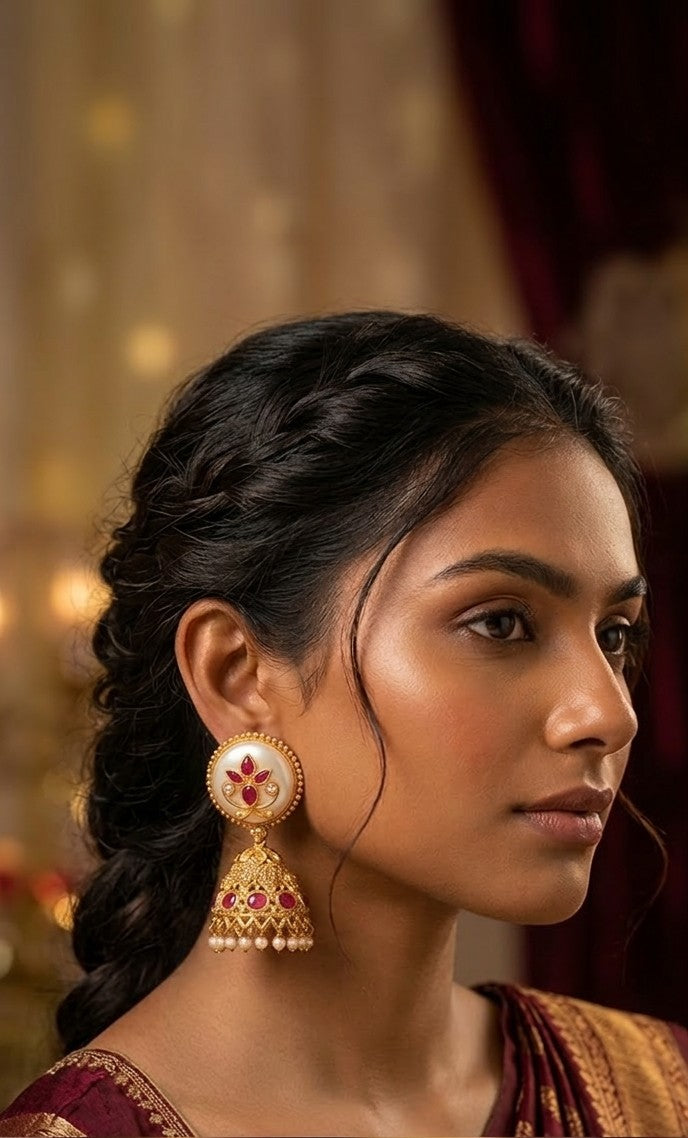 Jalparee Meera Gold-Plated Kundan & Ruby Jhumka Earrings with Pearls