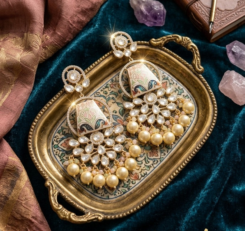 Jalparee Eternal Blossom Meenakari Kundan & Pearl Traditional Chandelier Earrings