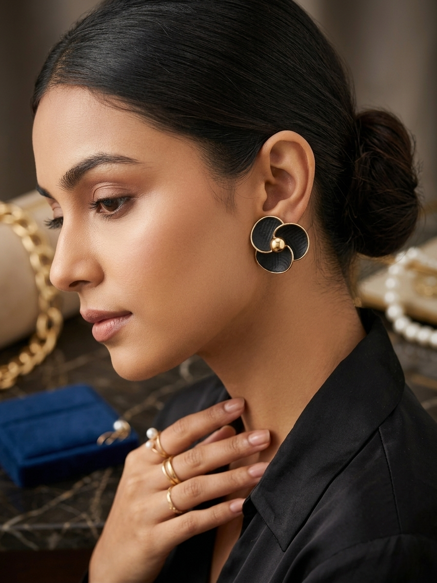Midnight Bloom Textured Leather & Gold-Tone Statement Earrings