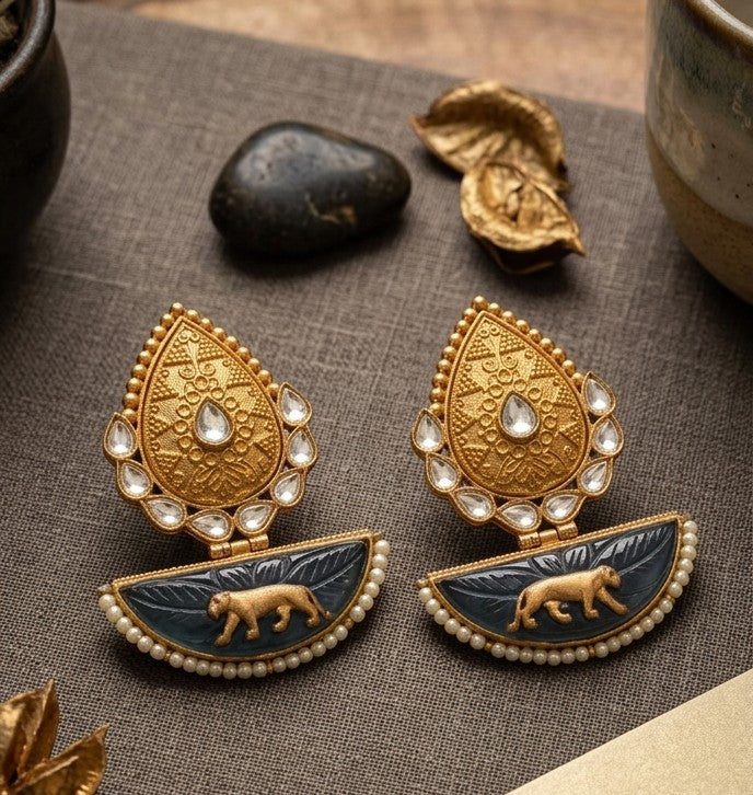 Jalparee Kundan and Meenakari Lion Motif Dangler Earrings