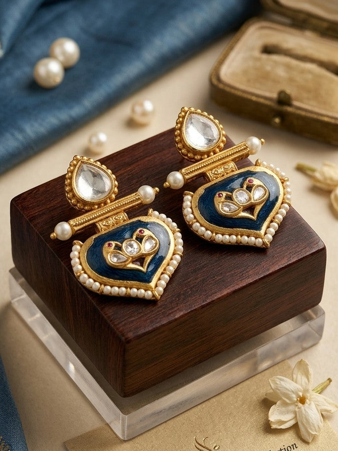 Jalparee Heritage Collection: Meenakari Blue Enamel and Kundan Heart Drop Earrings