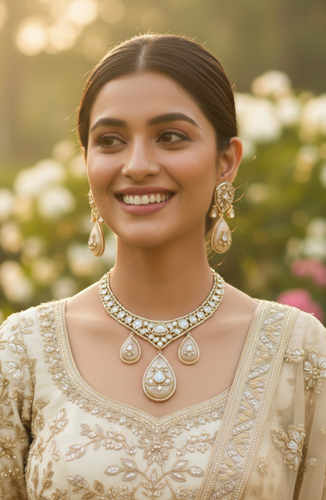 Luxurious Polki and Mother of Pearl Drop Set