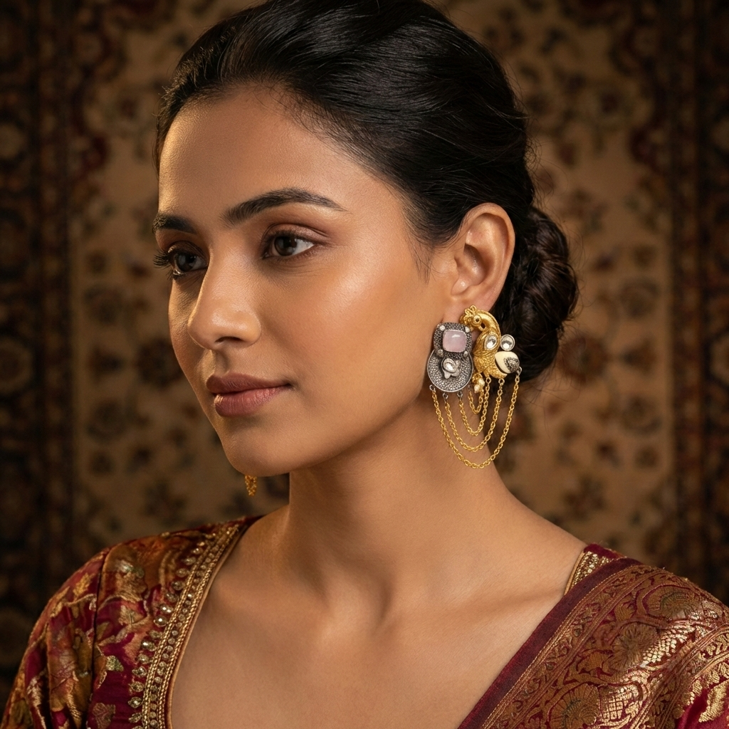 Jalparee 'Mayura' Antique Gold Peacock Earrings with Pink Stone & Layered Chains