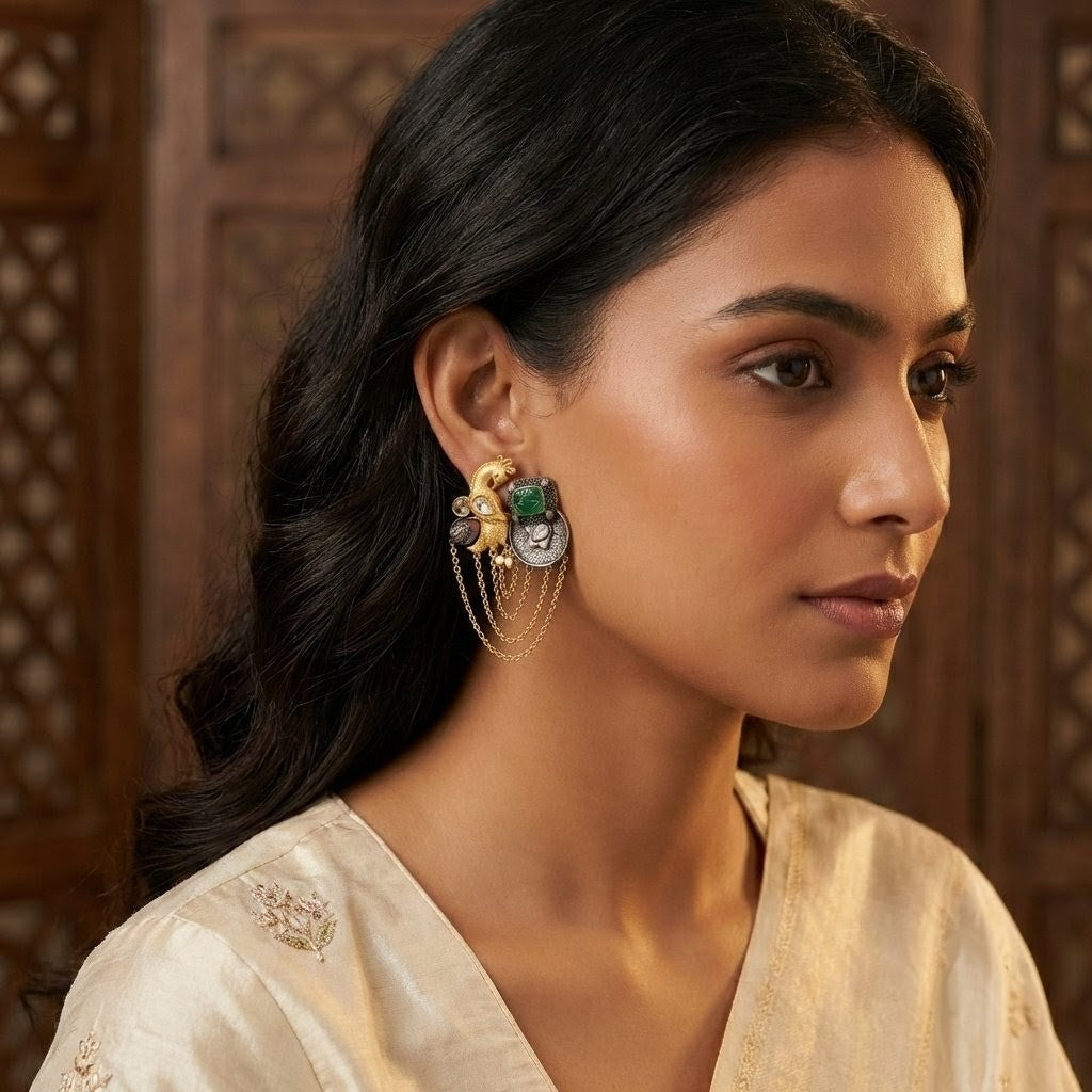 Jalparee's 'Mayura' Vintage-Style Dual-Tone Peacock Earrings with Emerald & Chain Drops
